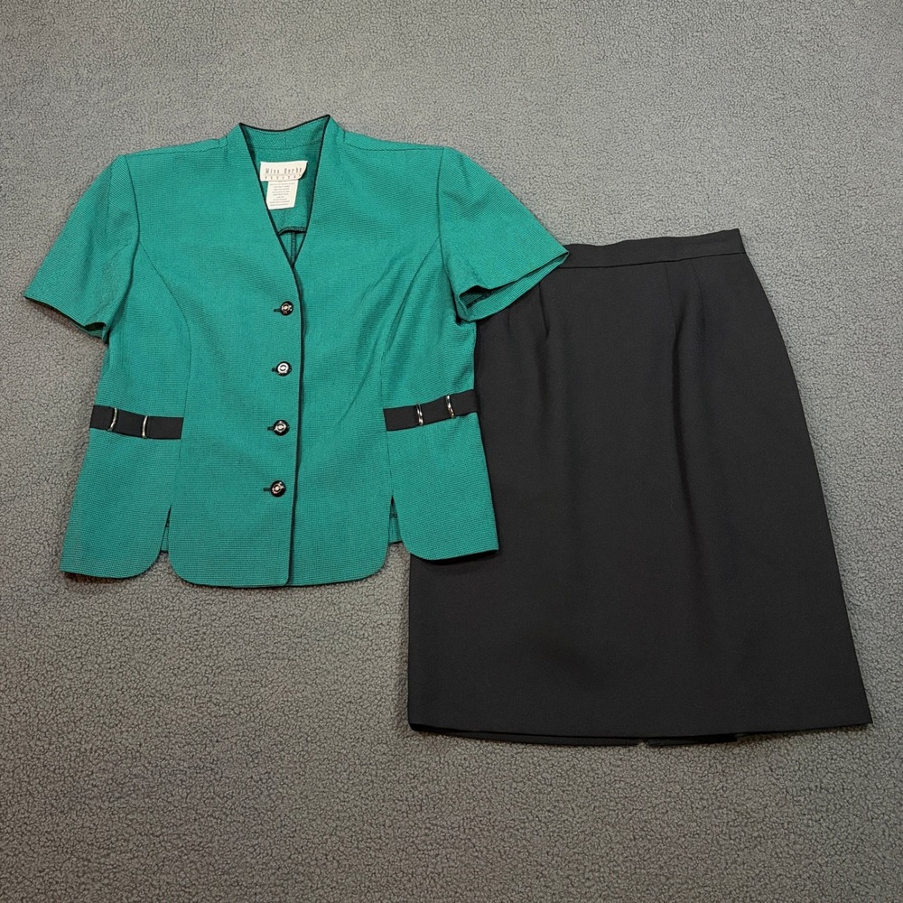 Miss Dorby Skirt Suit Womens 6P Green Black 402205M Short Sleeve Blazer Set